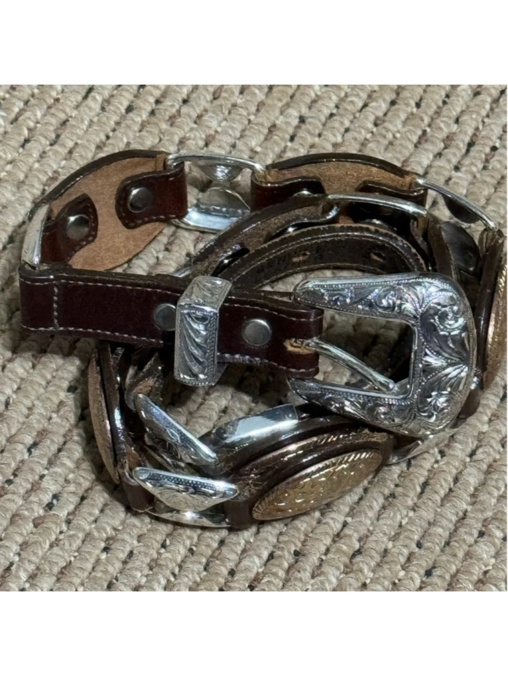 Nadim Western Concho Leather Belt Brown Engraved Silver Buckle Cowgirl Boho